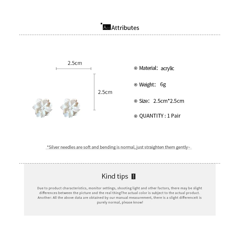 Acrylic White Camellia Flowers Stud Earrings for Women Fashion Temperament Fairycore Earring Party Wedding Jewelry Wholesale