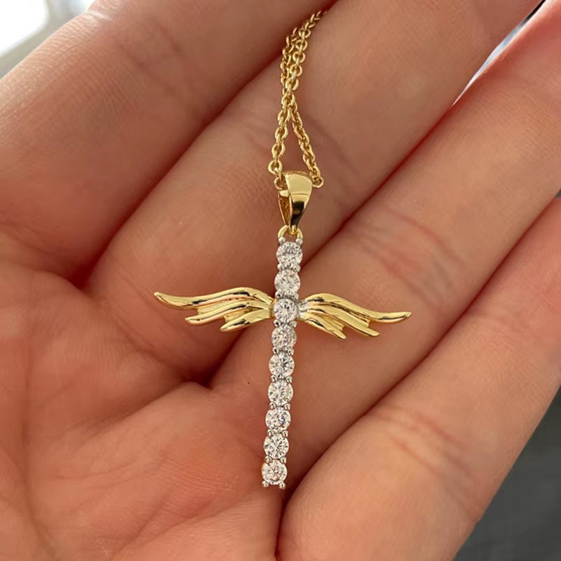 Angel Wings Cross Pendant Necklaces for Women Aesthetic Korean Fashion Gold Color CZ Choker Chain Neck Accessories Jewelry N229