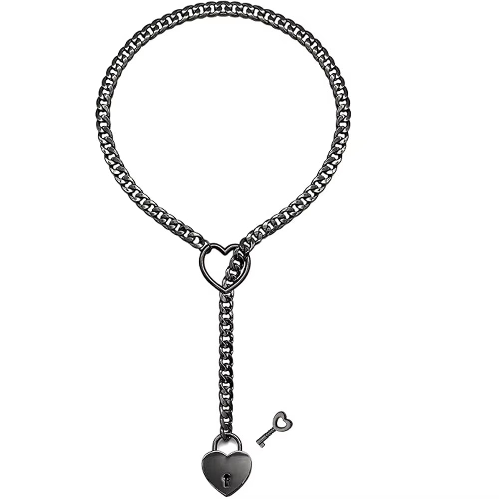 Womens Slip Chain Necklace Heart O-Ring Punk Rock Cuban Long Necklace Jewelry Adjustable Lariat Y-Necklace Heart Locker with Key