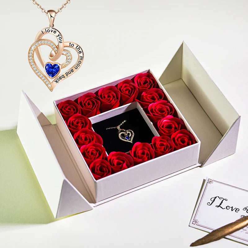 Eternal Flower Jewelry Box W Blue Crystal Heart Necklace Pendant Soap Rose Gift Box Wedding Jewelry Gift for Women Girfriend Mom