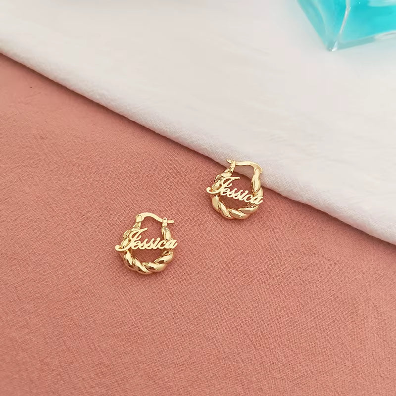 18Mm Custom Name Earrings Customize Name Earrings for Children Gifts for Children Thick Fried Dough Twist Earrings