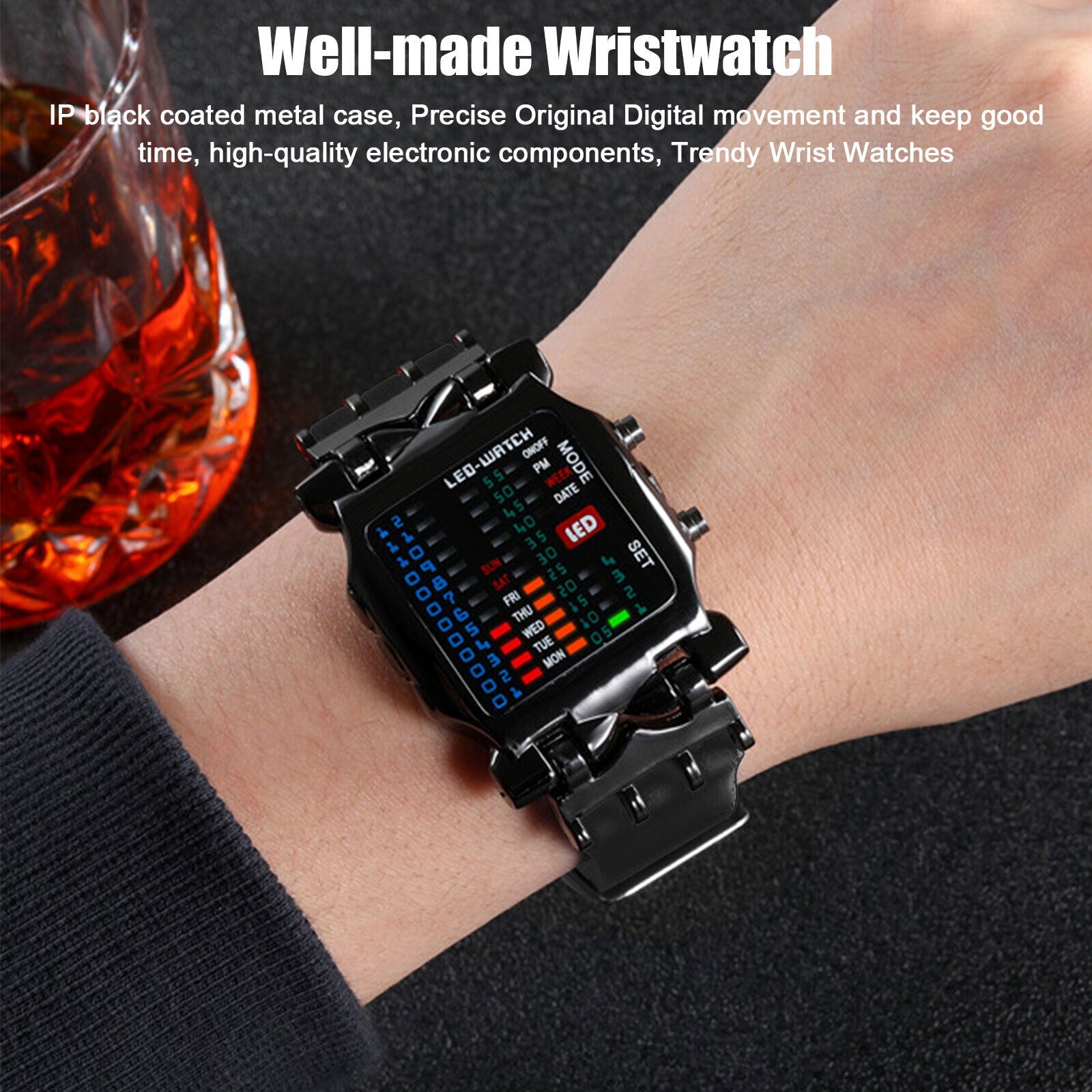 Men'S Digital Sports Watch LED Binary Time Date Waterproof Electronic Wristwatch