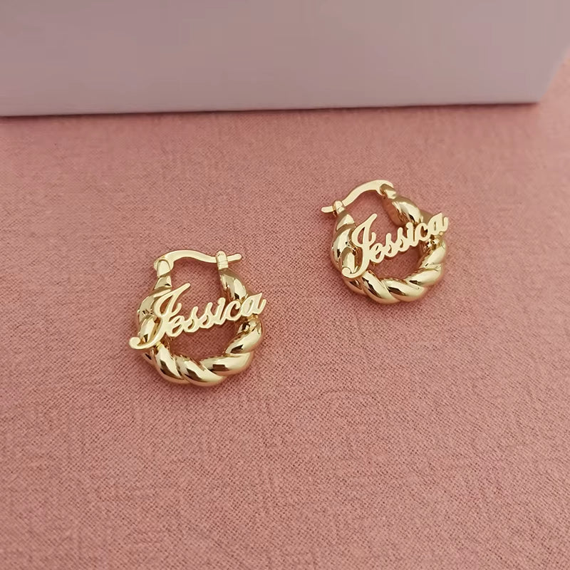 18Mm Custom Name Earrings Customize Name Earrings for Children Gifts for Children Thick Fried Dough Twist Earrings