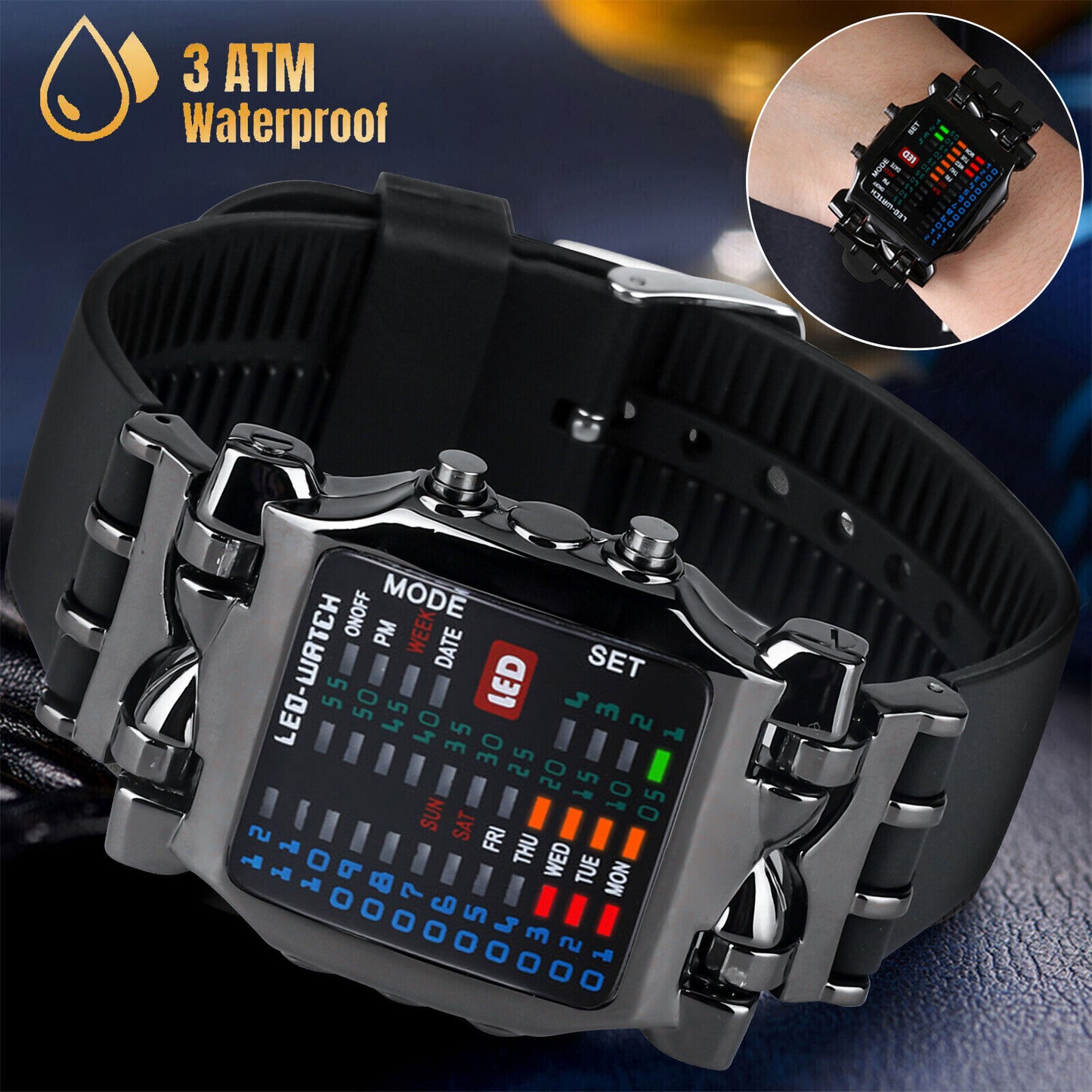 Men'S Digital Sports Watch LED Binary Time Date Waterproof Electronic Wristwatch