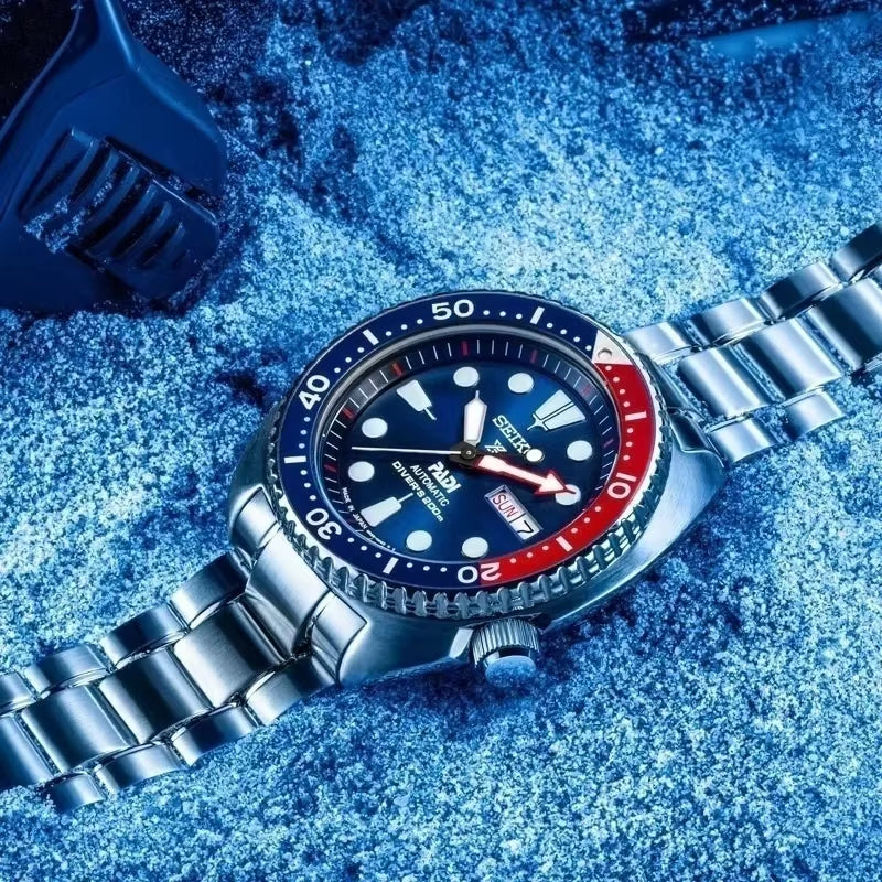 Men'S PADI SRPE99 Water Ghost Automatic Mechanical Watch Diving Watch Silver Strap Blue Red Bezel Wrist Watch