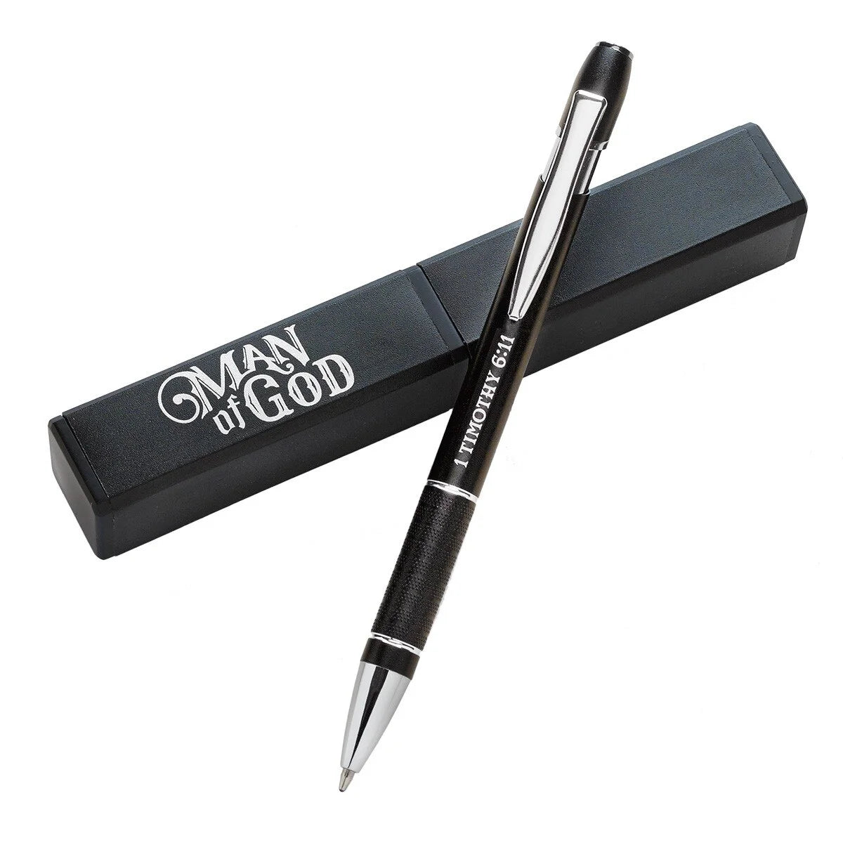 Man of God Black Stylish Classic Ballpoint Pen in Matching Gift Case - 1 Timothy 6:11 Bible Verse Refillable Retractable Medium Black Ink for Journal, Planner, Writing, Notes