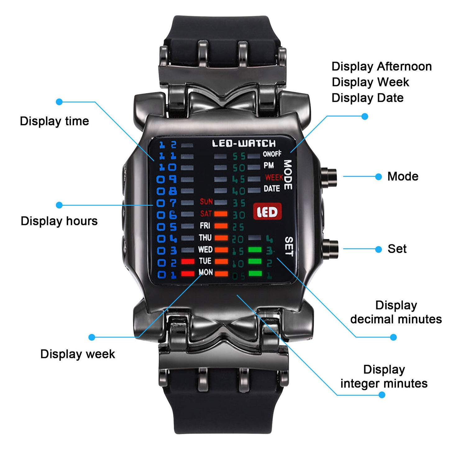 Men'S Digital Sports Watch LED Binary Time Date Waterproof Electronic Wristwatch