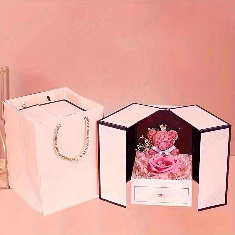 Heart Zircon Necklace with Luxury Double Door Bow Bear Rose Gift Box for Girlfriend Mom Mother Day Gift 2024 Fashion Jewelry Set