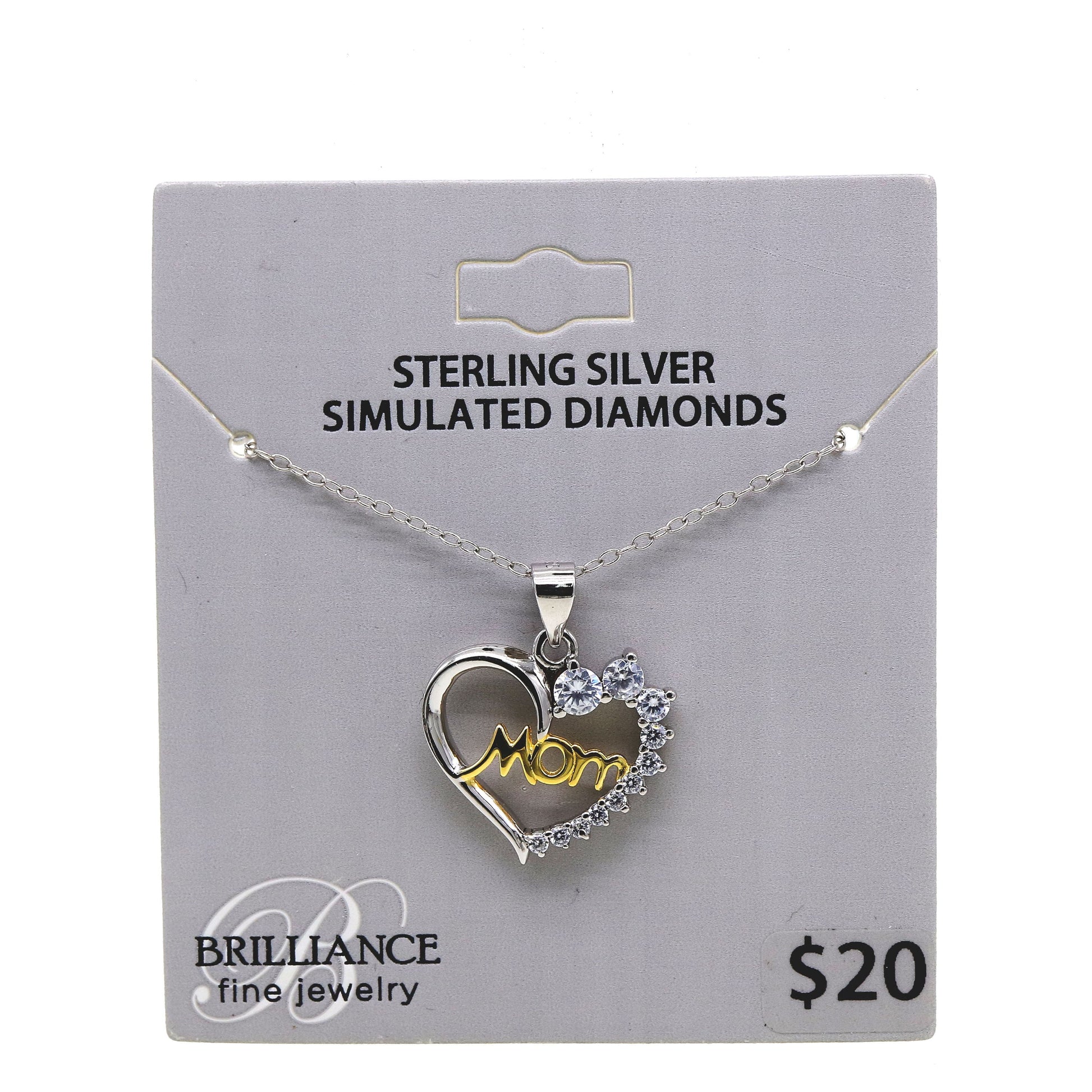 Simulated Diamond Mom Heart Necklace in Two Tone Sterling Silver with 14KT Gold Plate