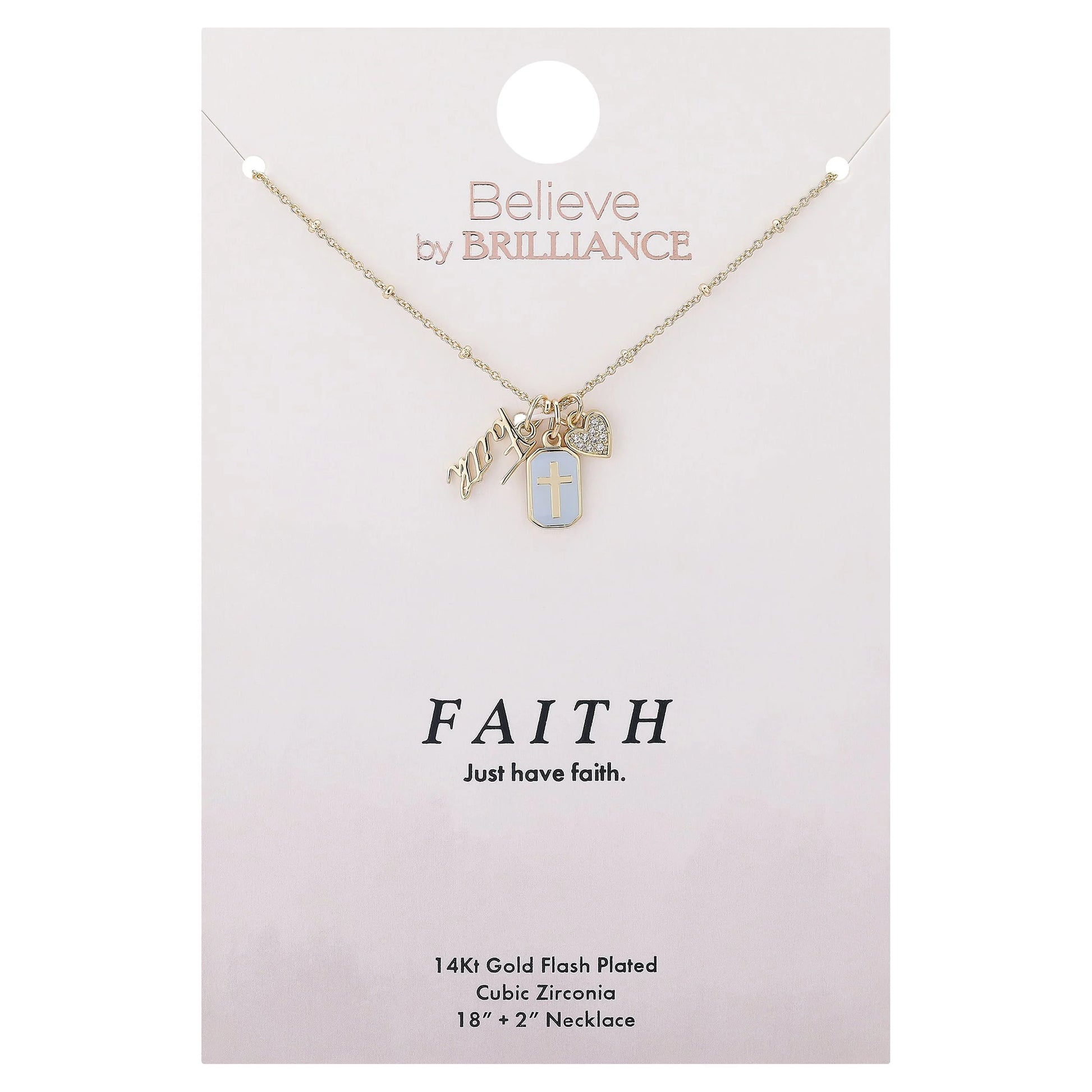 Women'S 14Kt Gold Flash Plated Cubic Zirconia "Faith" Charm Necklace, 18+2"