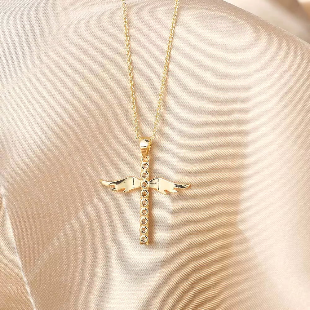 Angel Wings Cross Pendant Necklaces for Women Aesthetic Korean Fashion Gold Color CZ Choker Chain Neck Accessories Jewelry N229