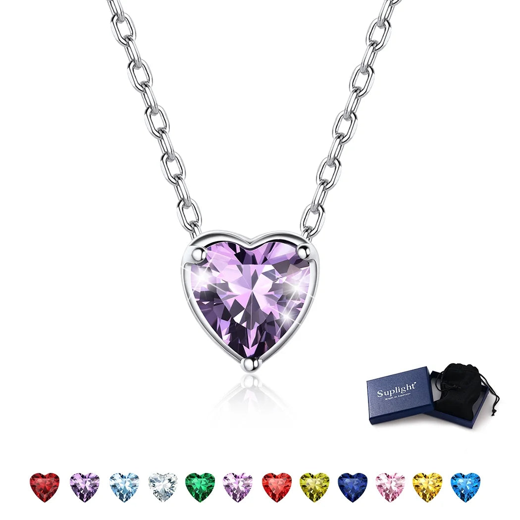 Women 925 Sterling Silver Birthstone Love Heart Necklace, Birthday Valentines Gift