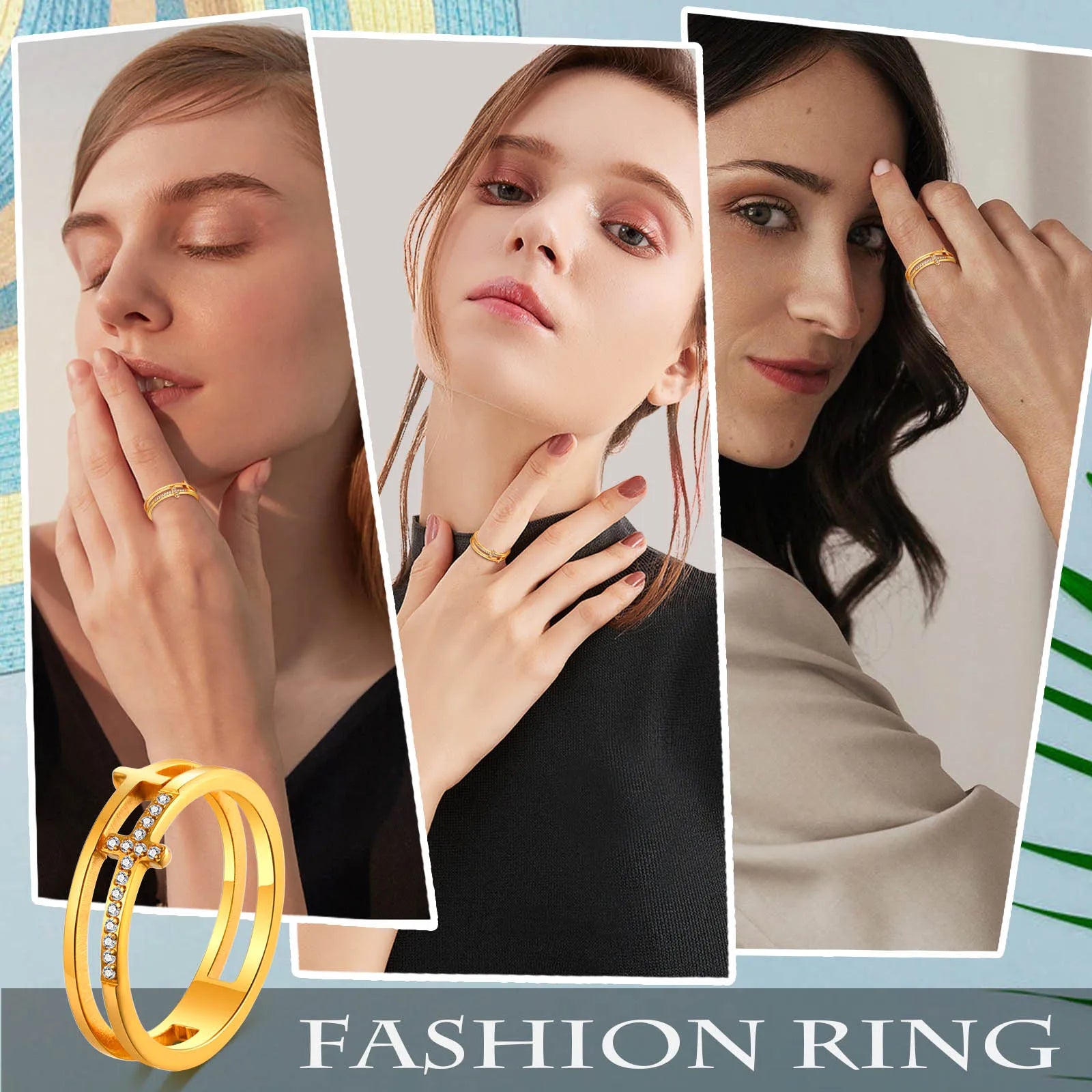 Double Cross Ring for Women Cubic Zirconia Inlay ,Gold Color Stainless Steel Layered Wrap Ring Christian Religious Jewelry