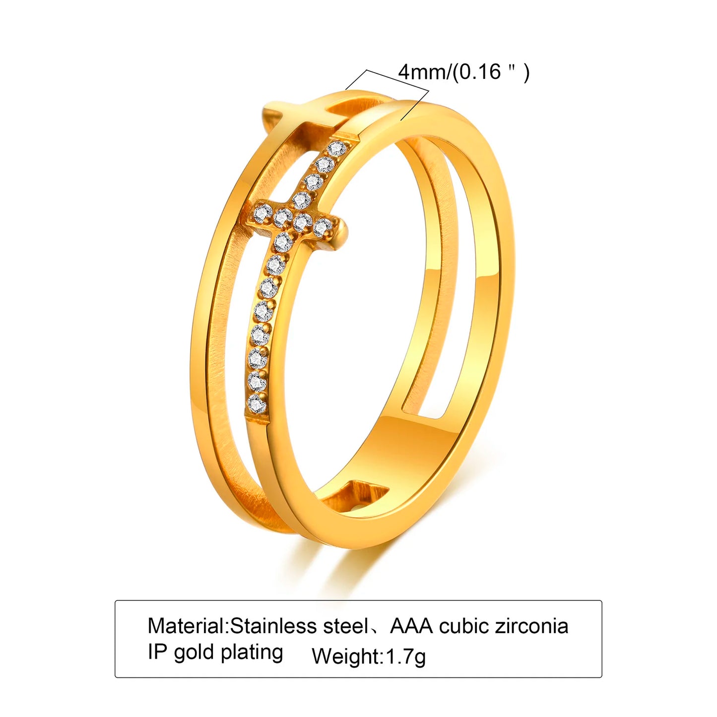 Double Cross Ring for Women Cubic Zirconia Inlay ,Gold Color Stainless Steel Layered Wrap Ring Christian Religious Jewelry