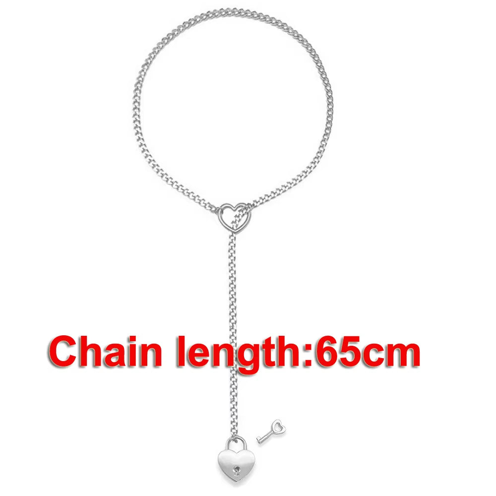 Womens Slip Chain Necklace Heart O-Ring Punk Rock Cuban Long Necklace Jewelry Adjustable Lariat Y-Necklace Heart Locker with Key