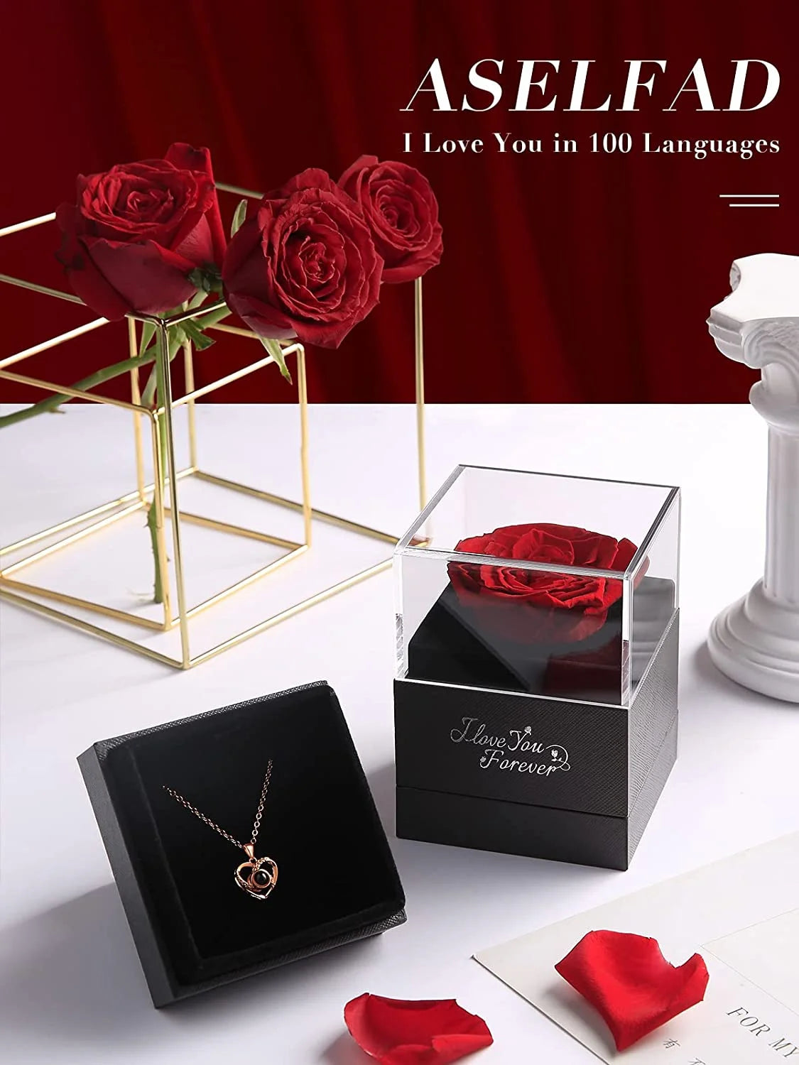 Preserved Red Real Rose with I Love You Necklace in 100 Languages -Eternal Flowers Rose Gifts for Mom Wife Girlfriend on Birthday Anniversary Christmas Mothers Day Valentines Romantic Gifts for Her