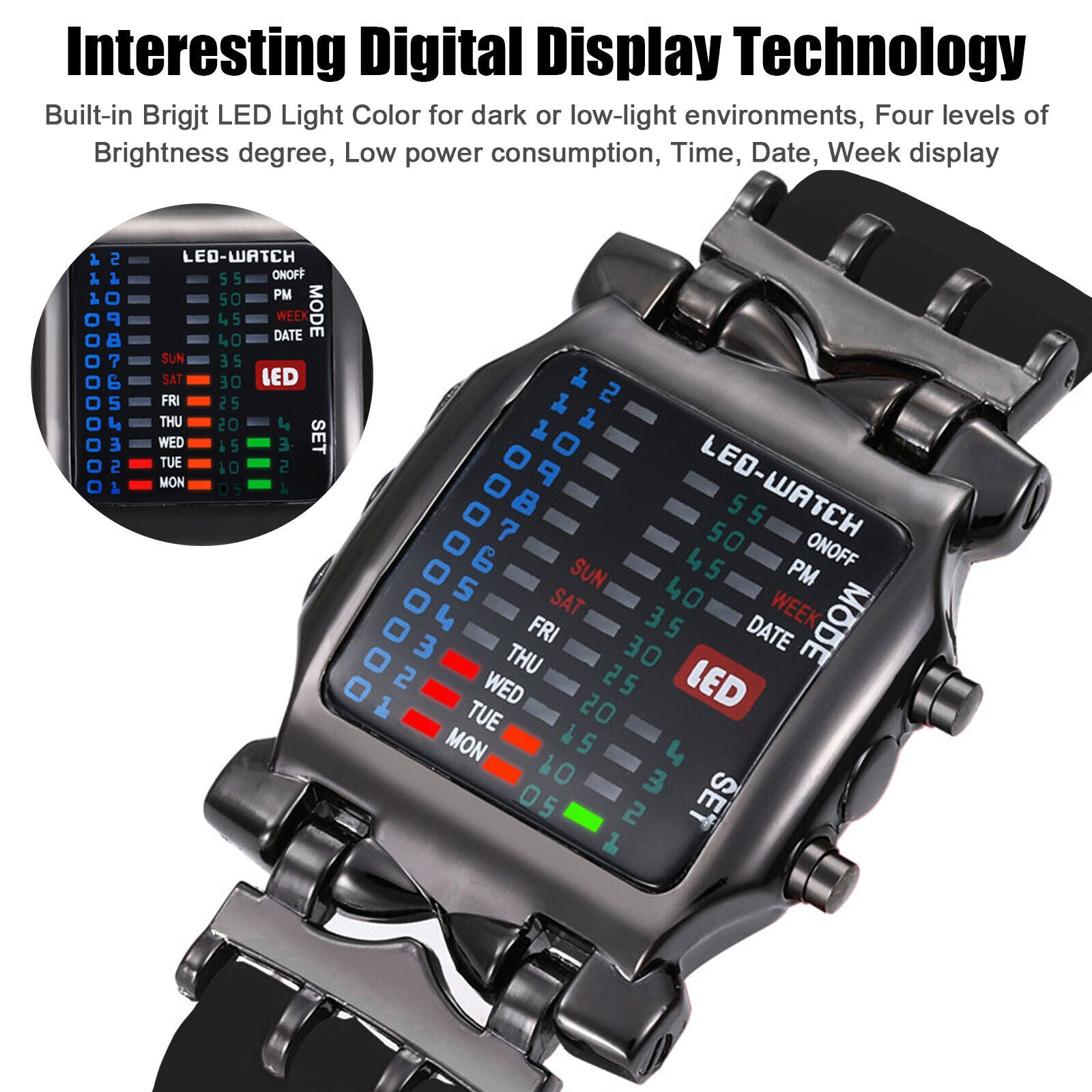 Men'S Digital Sports Watch LED Binary Time Date Waterproof Electronic Wristwatch