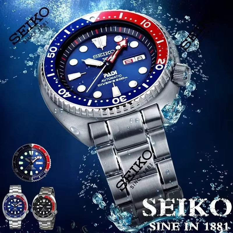 Men'S PADI SRPE99 Water Ghost Automatic Mechanical Watch Diving Watch Silver Strap Blue Red Bezel Wrist Watch