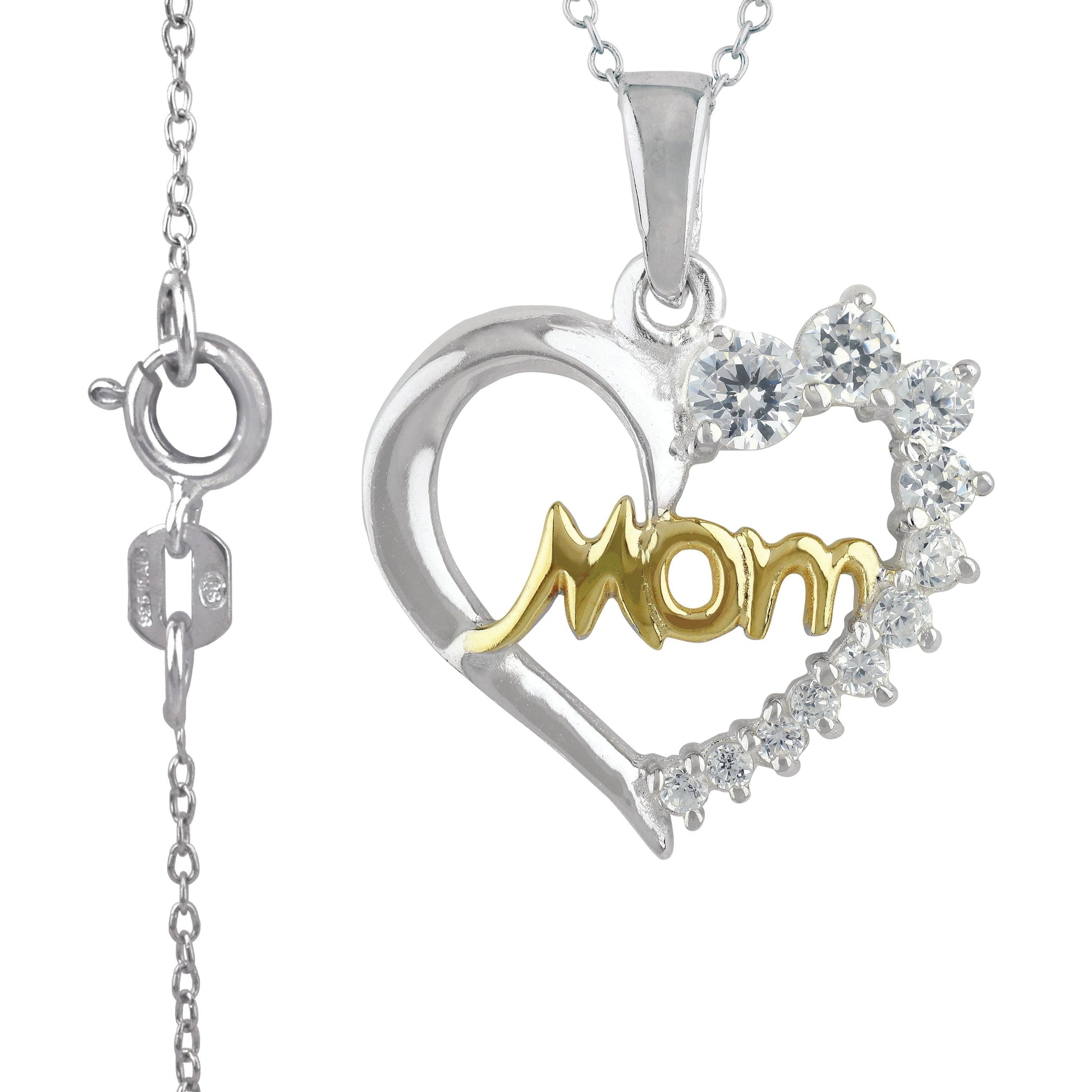 Simulated Diamond Mom Heart Necklace in Two Tone Sterling Silver with 14KT Gold Plate